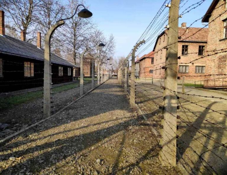 a barbed wire fence with buildings in the background inside Auschwitz Birkenau Museum